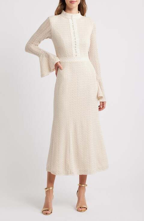 Elliatt Bella Kailee midi dress Long Sleeve Textured Knit, ivory,size M